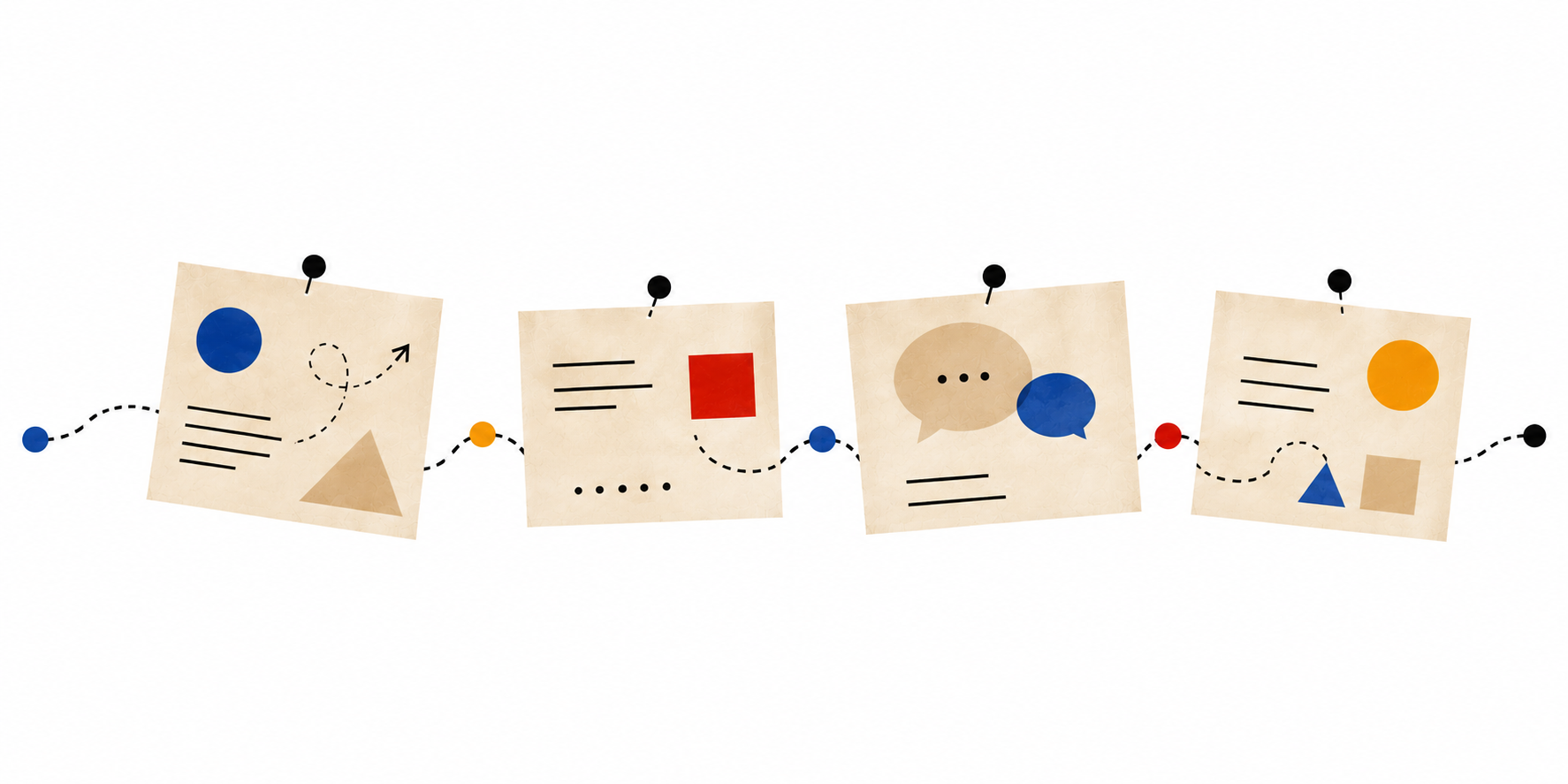 Una fila di cartoline appuntate con forme colorate